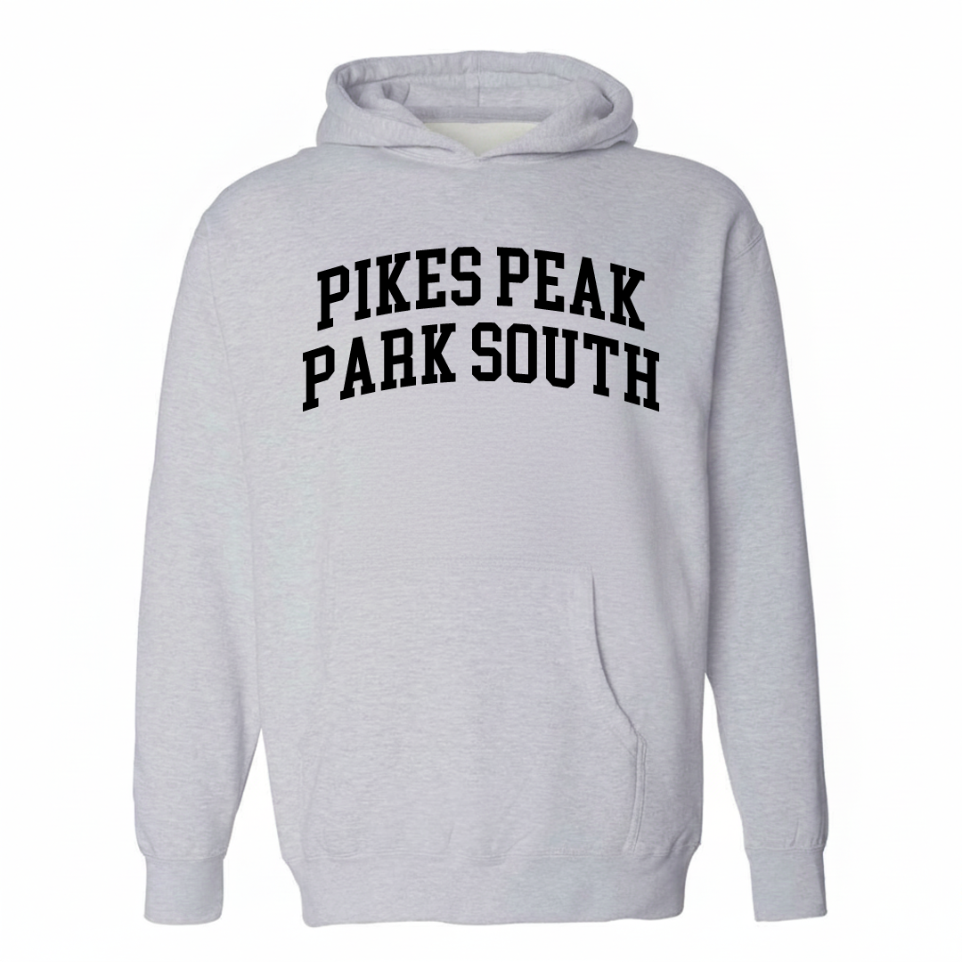 Heather-gray hoodie with the Pikes Peak Park South varsity arched lettering design on the chest.