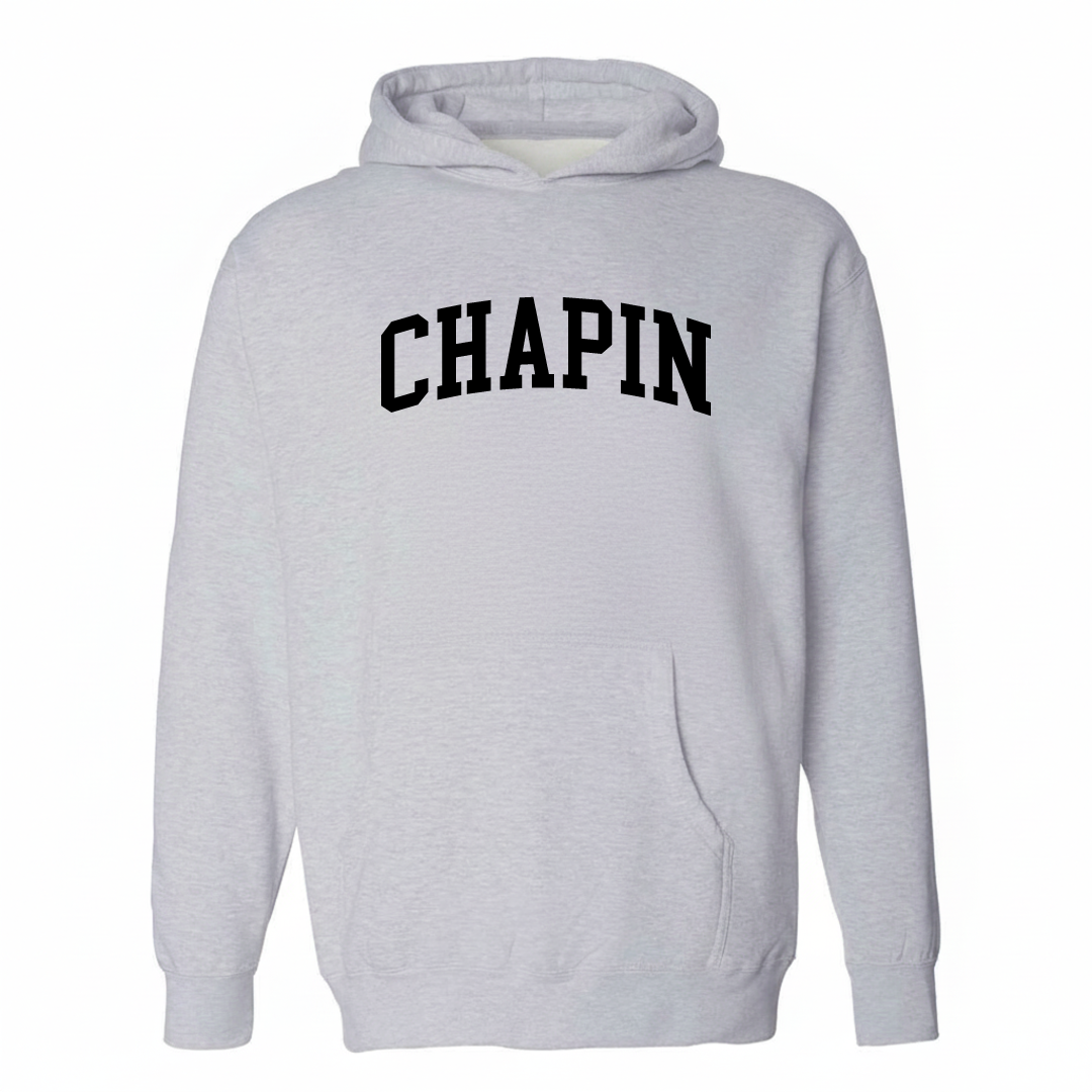 Heather-gray hoodie with the Chapin varsity arched lettering design on the chest.