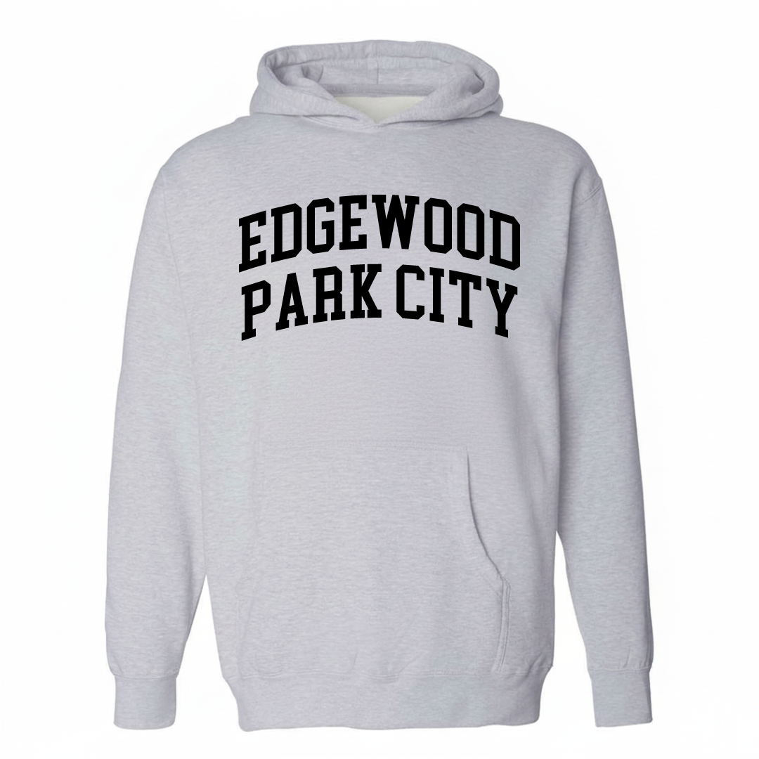 Heather-gray hoodie with the Edgewood-Park City varsity arched lettering design on the chest.